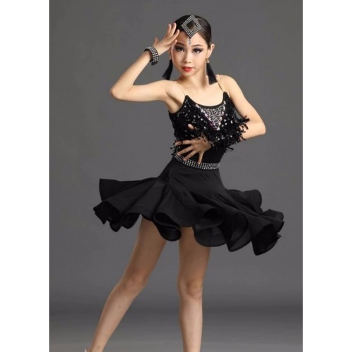 Girls kids black sequins tassels latin dance dresses with gemstones competition stage performance latin salsa dancing costumes for children